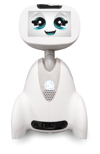 Robot Buddy de Blue Frog Robotics, robot blanc et bleu avec un écran facial expressif